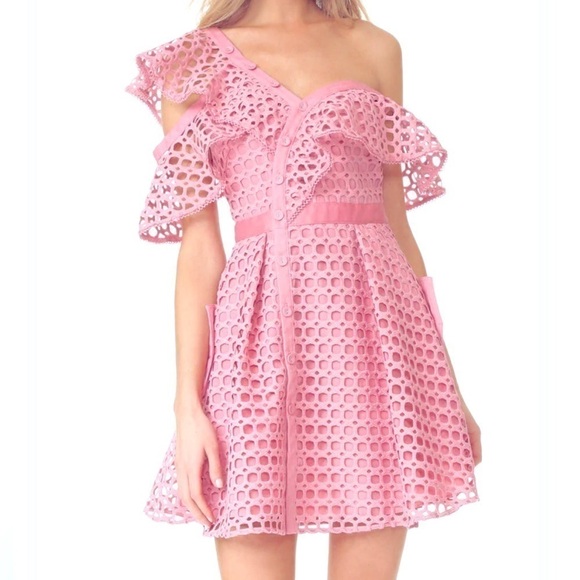 Gorgeous pink crochet lace designer one shoulder mini dress. Very high quality - Picture 12 of 16